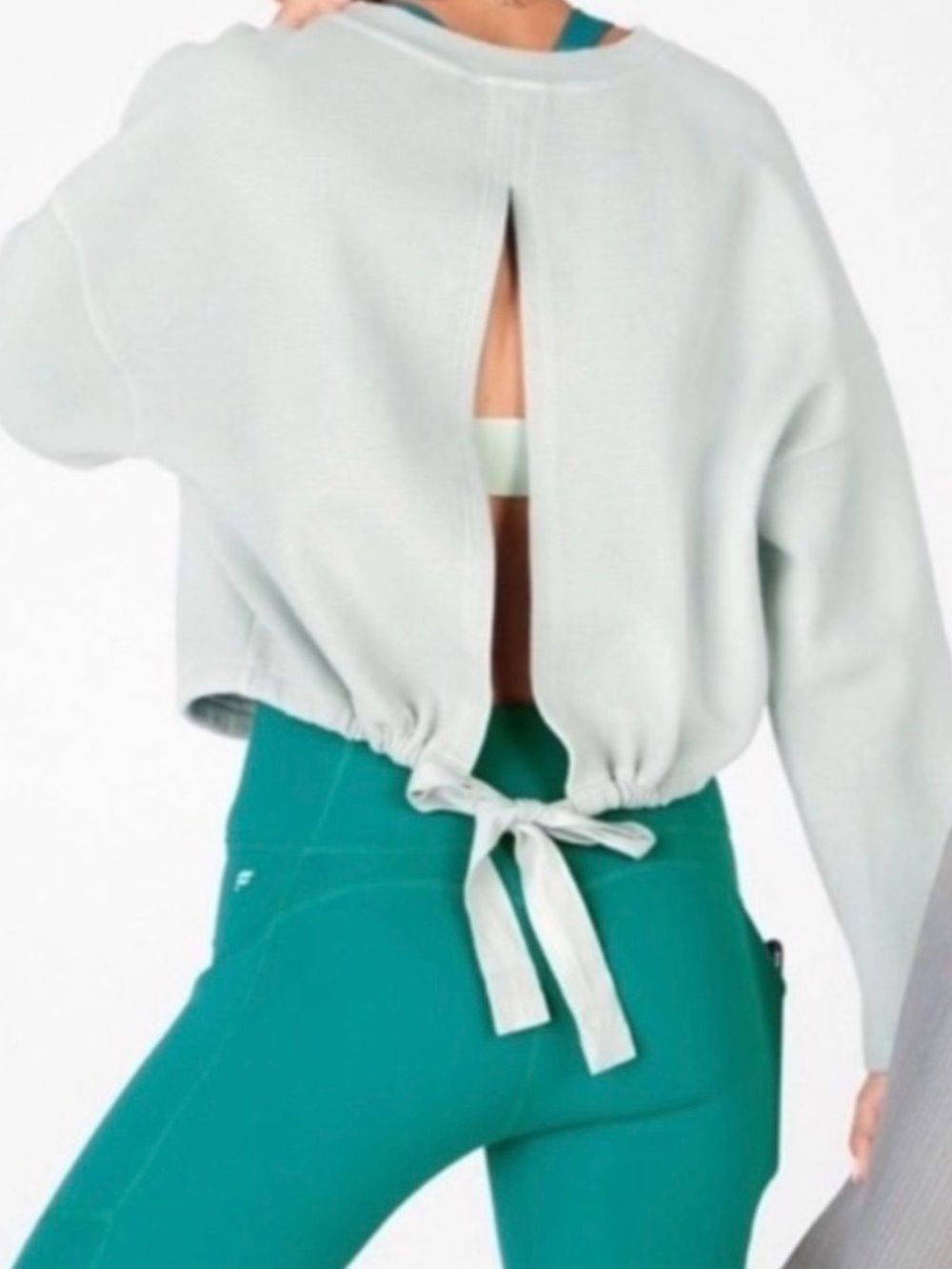 Fabletics Open Back Tie Sweatshirt | Waffle Knit | Sage Green | Size XL